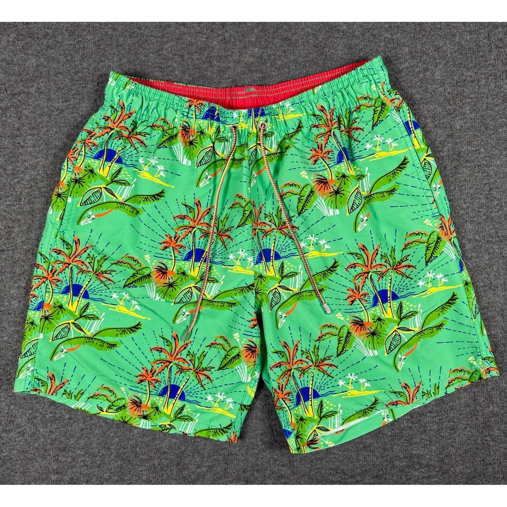 Bugatchi Swim Trunks Mens Large Green Tropical Hawaiian Lined Drawstring Pockets
